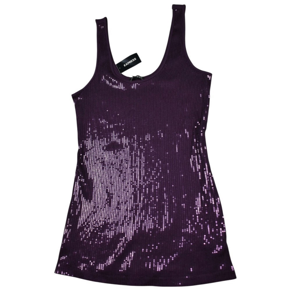 Express Sequin Tank Top L Slim Fit Ribbed Knit Cotton Purple Glam Y2K Vintage